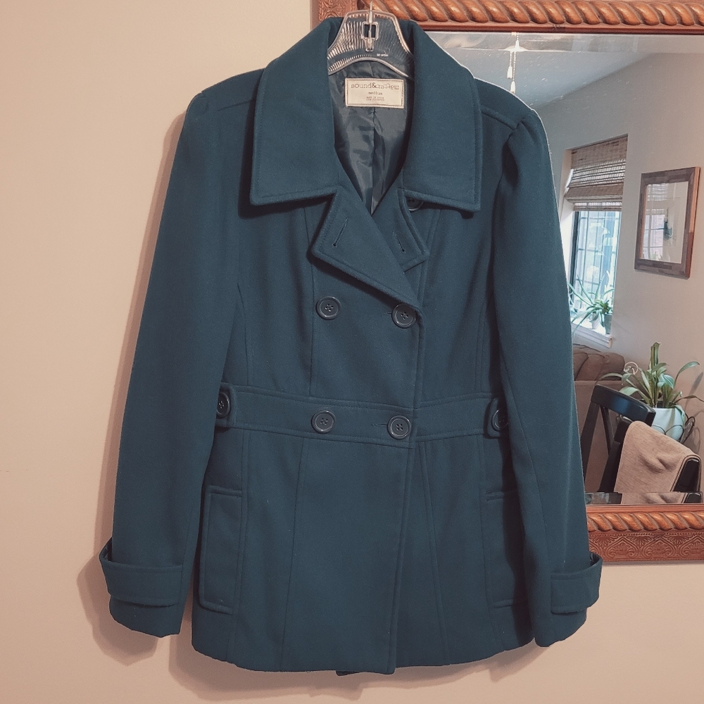 Sounds & Matter Dark Teal Pea Coat Double-Breasted Button Front Blue